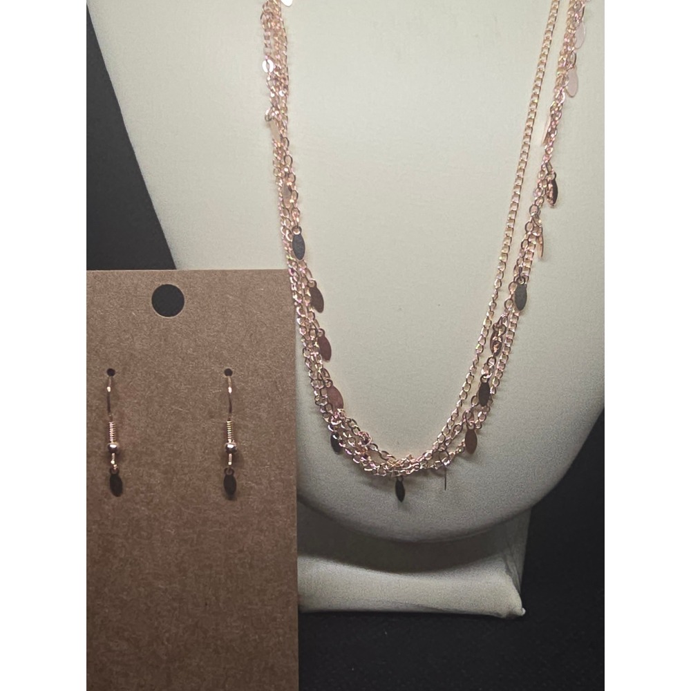 Rose Gold Tone Multi Strand Layered Leaf Charm Necklace and Earring Set